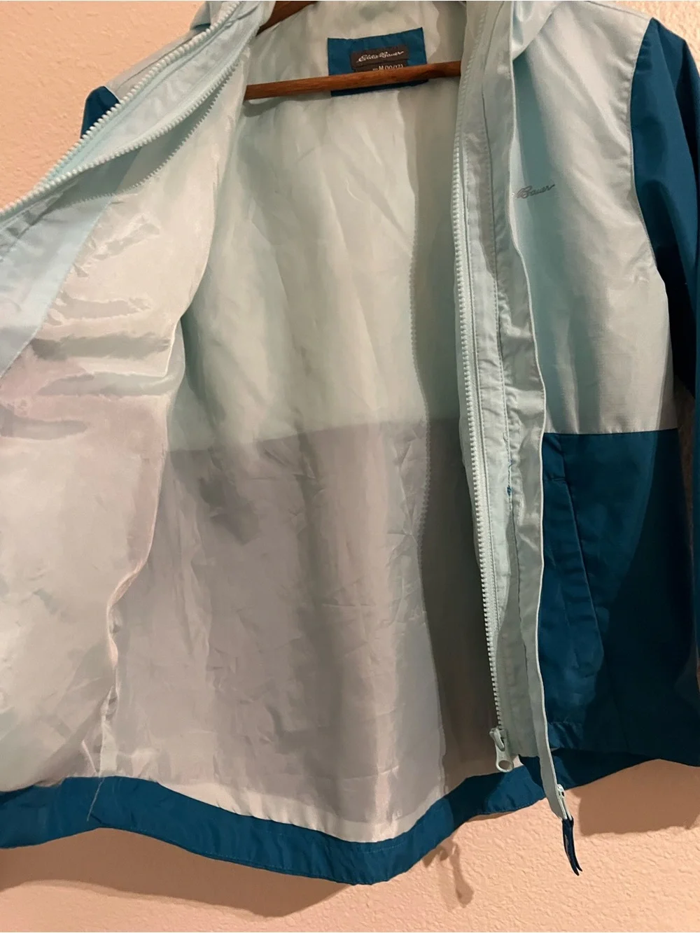 Eddie Bauer Kids Two-Tone Light Teal and Dark Teal Hooded Rain Jacket